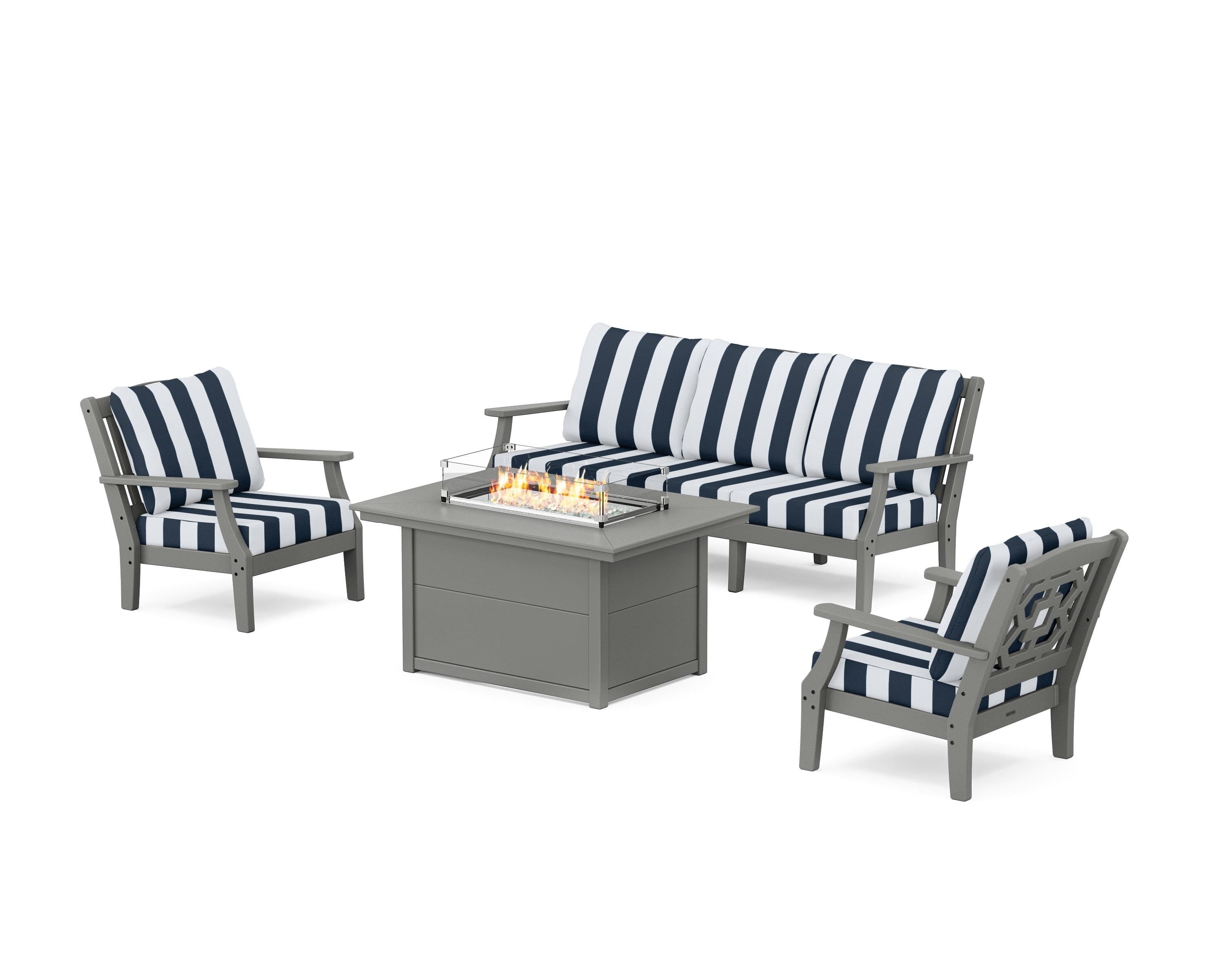 Martha Stewart by POLYWOOD® Chinoiserie Deep Seating Fire Pit Table Set in Slate Grey / Cabana Stripe Marine Indigo