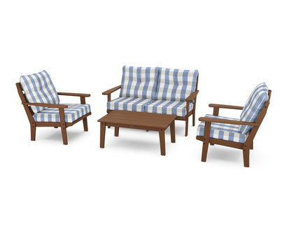 POLYWOOD® Lakeside 4-Piece Deep Seating Set in Teak / Buffalo Plaid Sky Blue