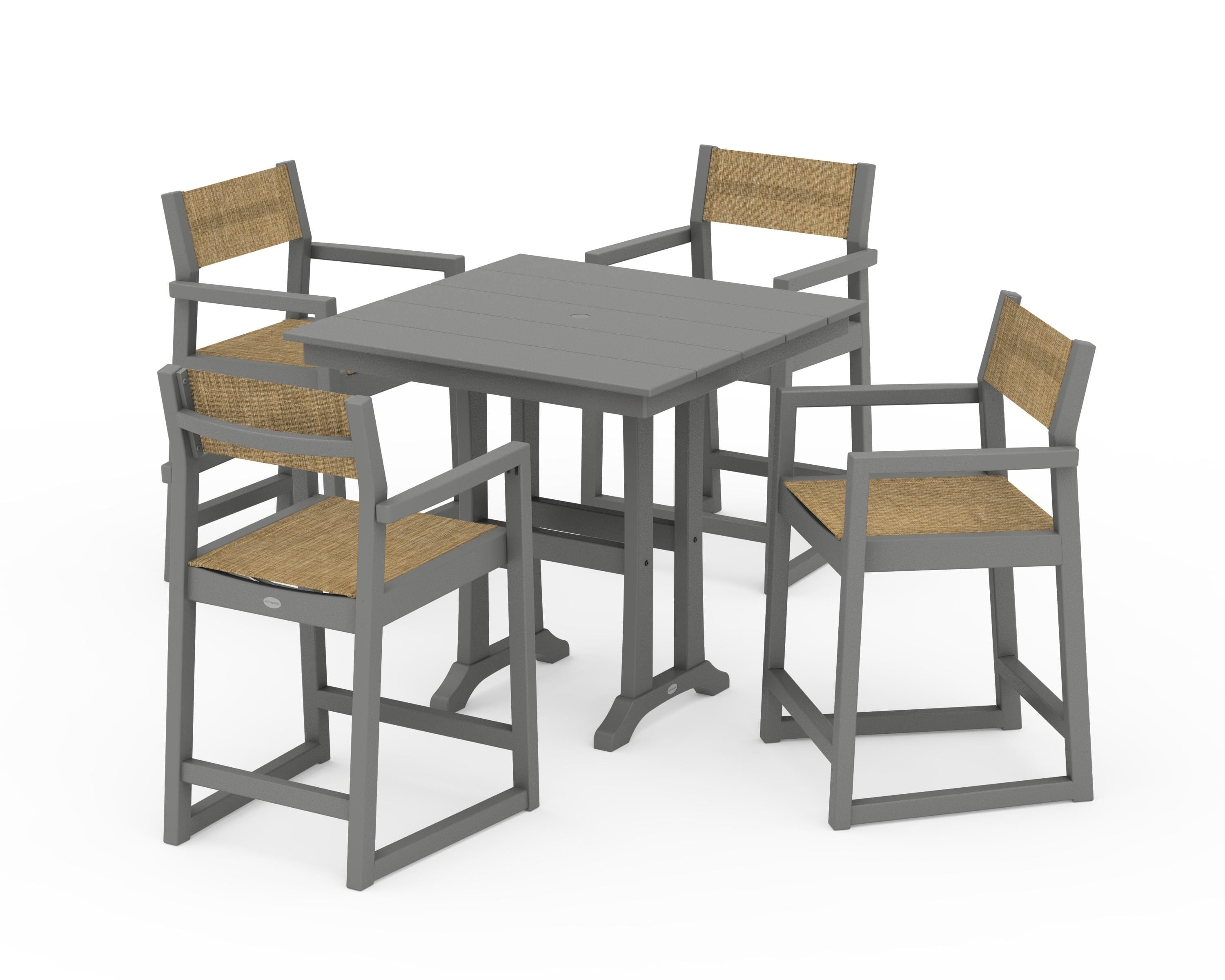 POLYWOOD® EDGE Sling Arm Chair 5-Piece Farmhouse Counter Set with Trestle Legs in Slate Grey / Burlap Sling