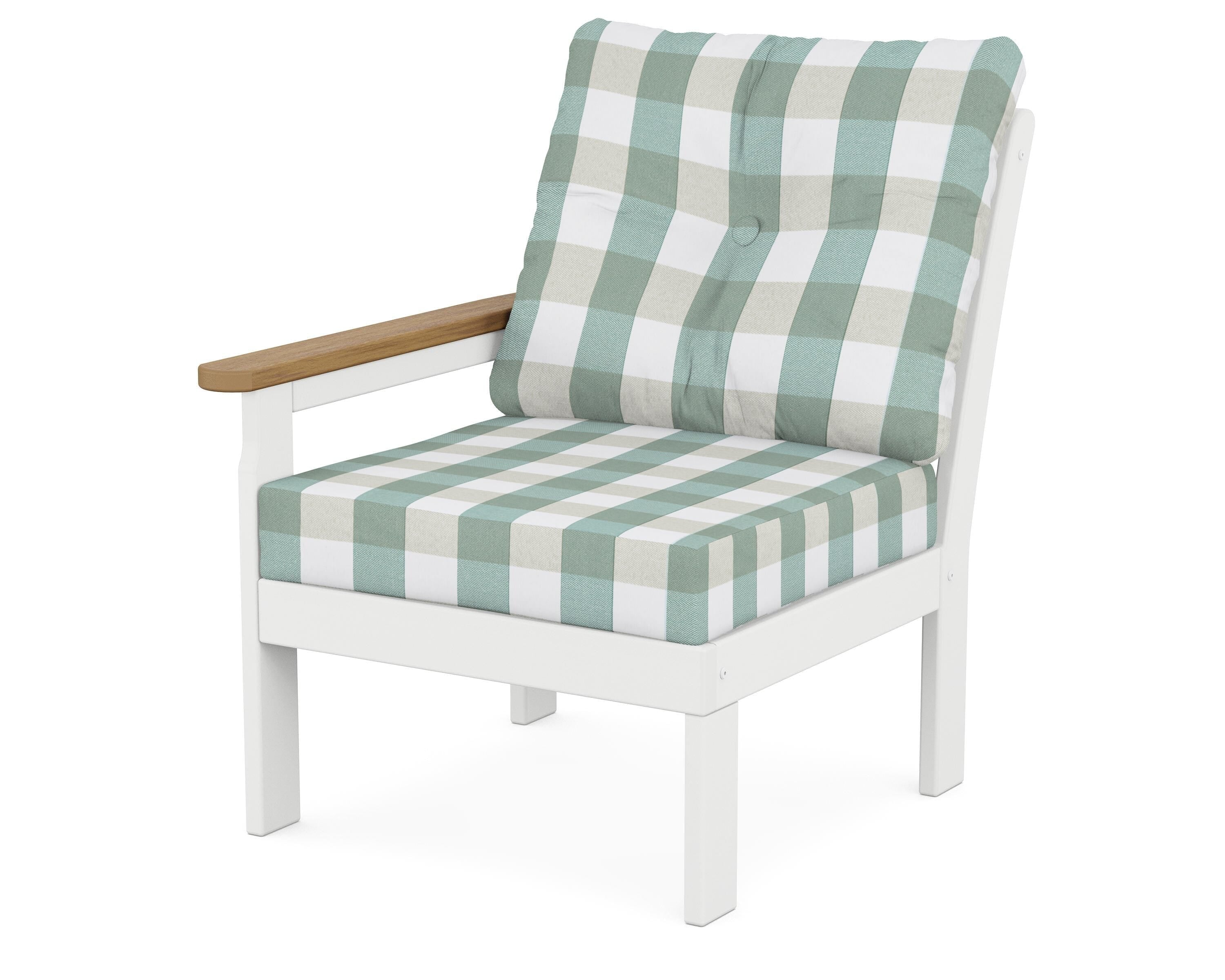 POLYWOOD® Vineyard Modular Left Arm Chair in White / Natural / Buffalo Plaid Glacier Spa