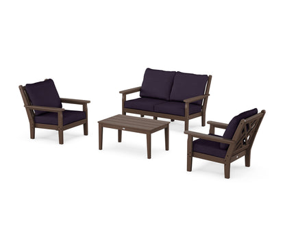 POLYWOOD® Chippendale 4-Piece Deep Seating Set with Loveseat in Mahogany / Navy Linen