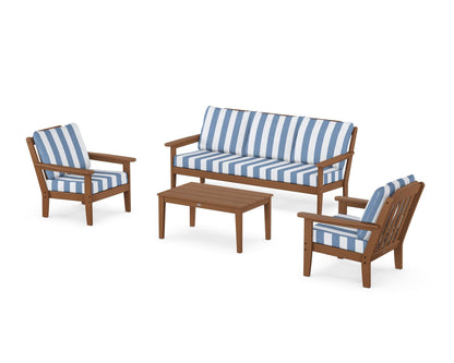 Country Living Cottage 4-Piece Deep Seating Set with Sofa in Teak / Cabana Stripe Sky Blue