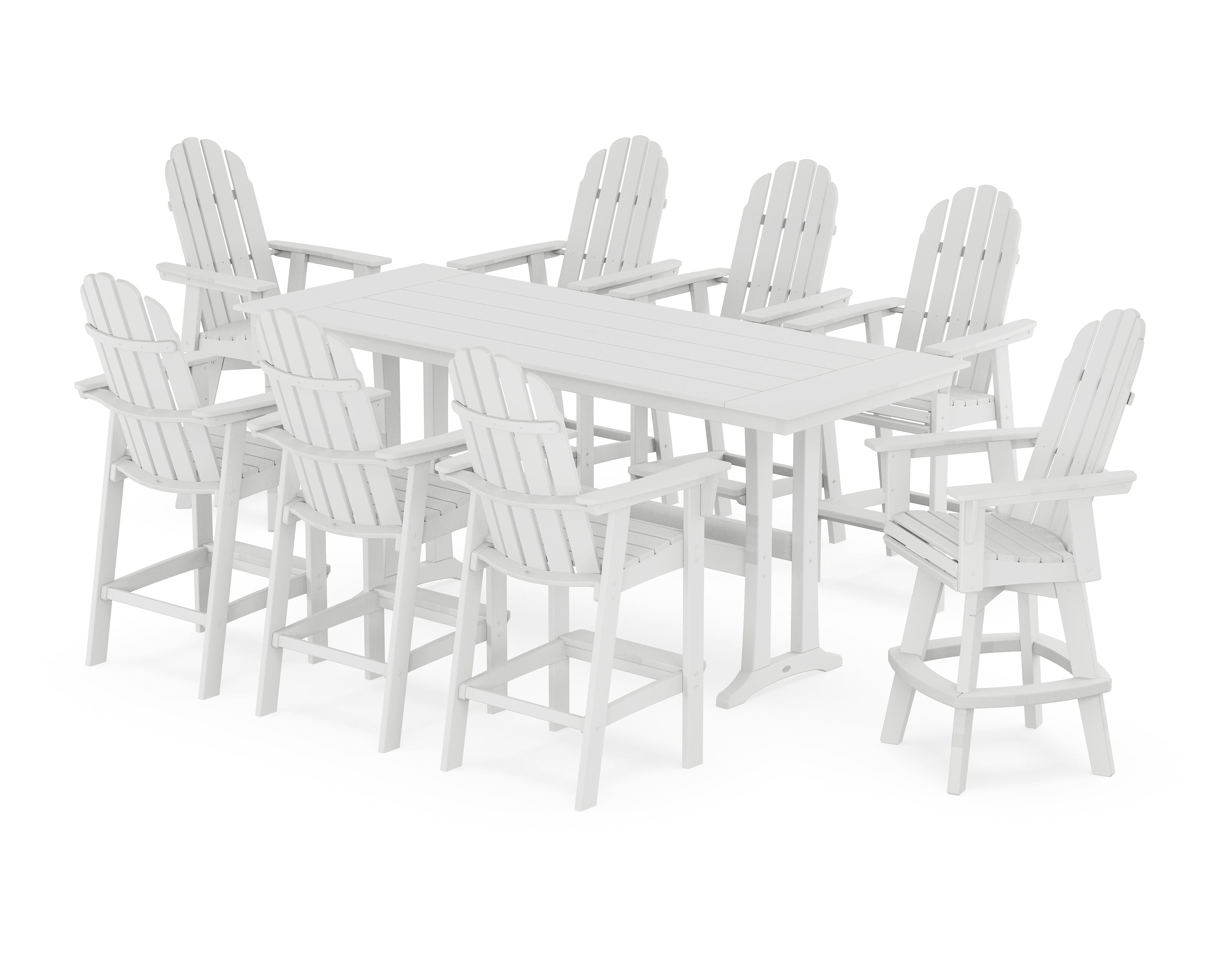 POLYWOOD® Vineyard Curveback Adirondack Swivel 9-Piece Farmhouse Bar Set with Trestle Legs in White