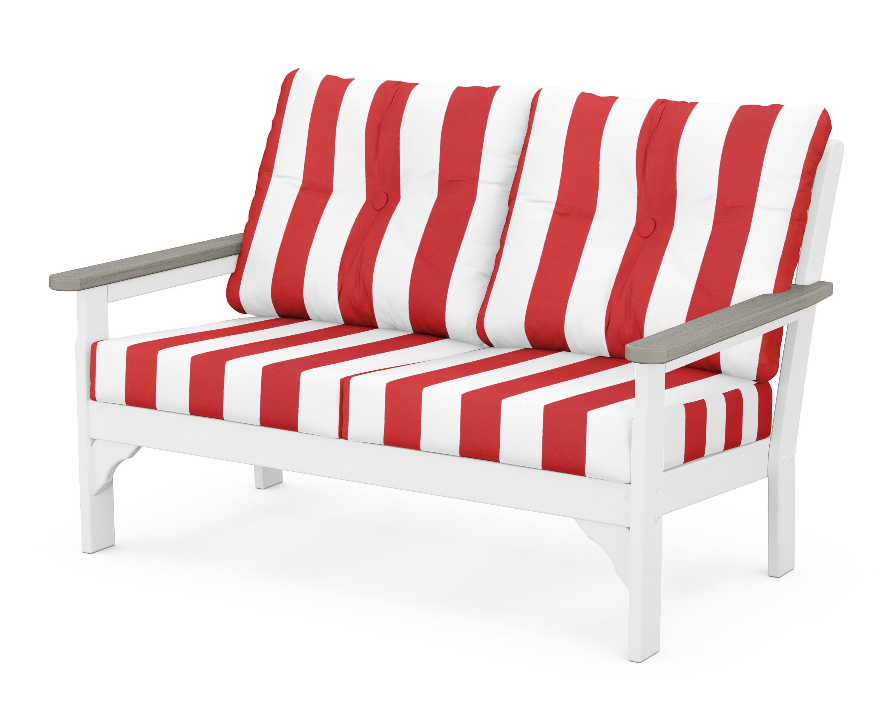 POLYWOOD® Vineyard Deep Seating Loveseat in White / Driftwood / Cabana Stripe Crimson