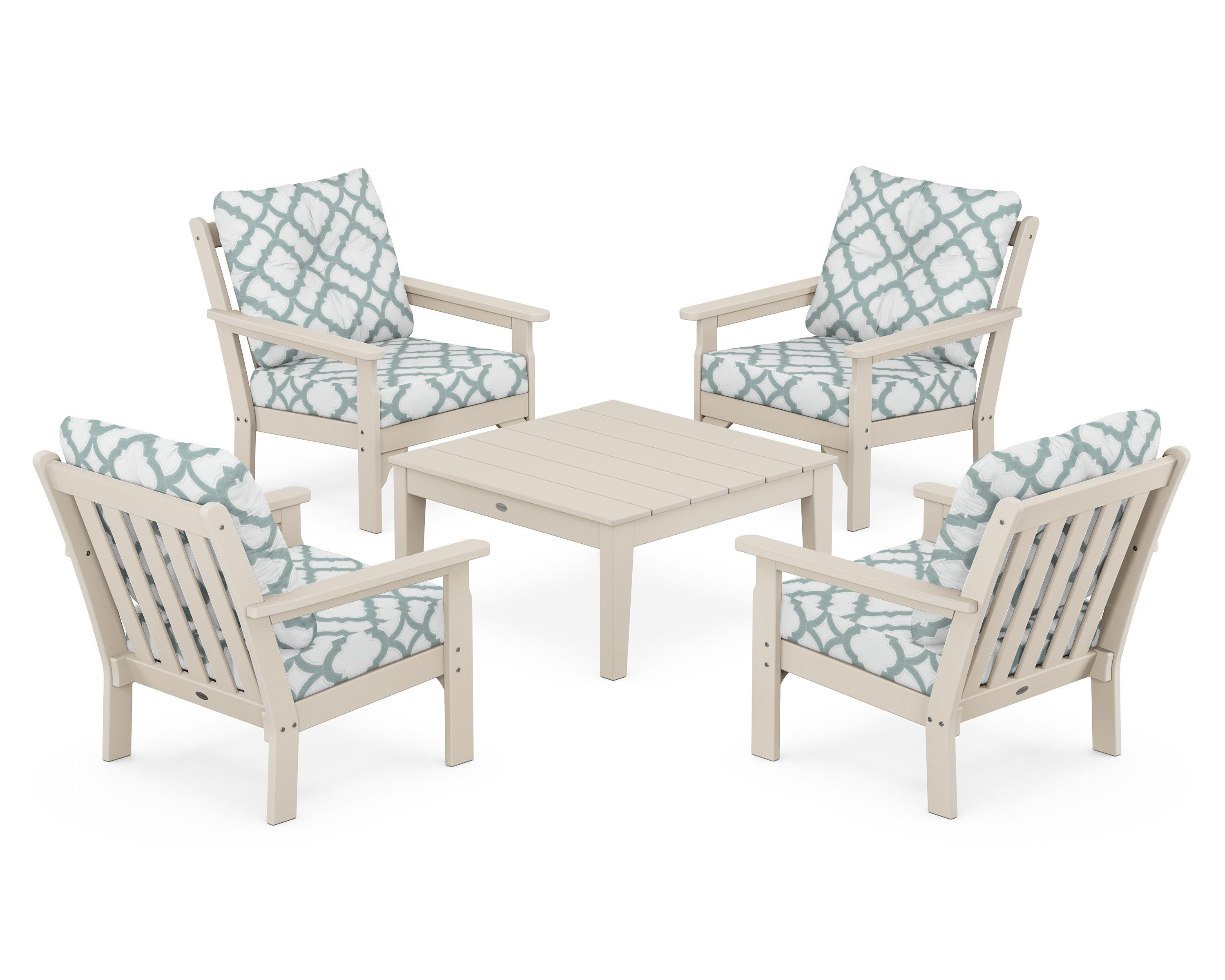 POLYWOOD® Vineyard 5-Piece Deep Seating Conversation Set in Sand / Trellis Glacier Spa