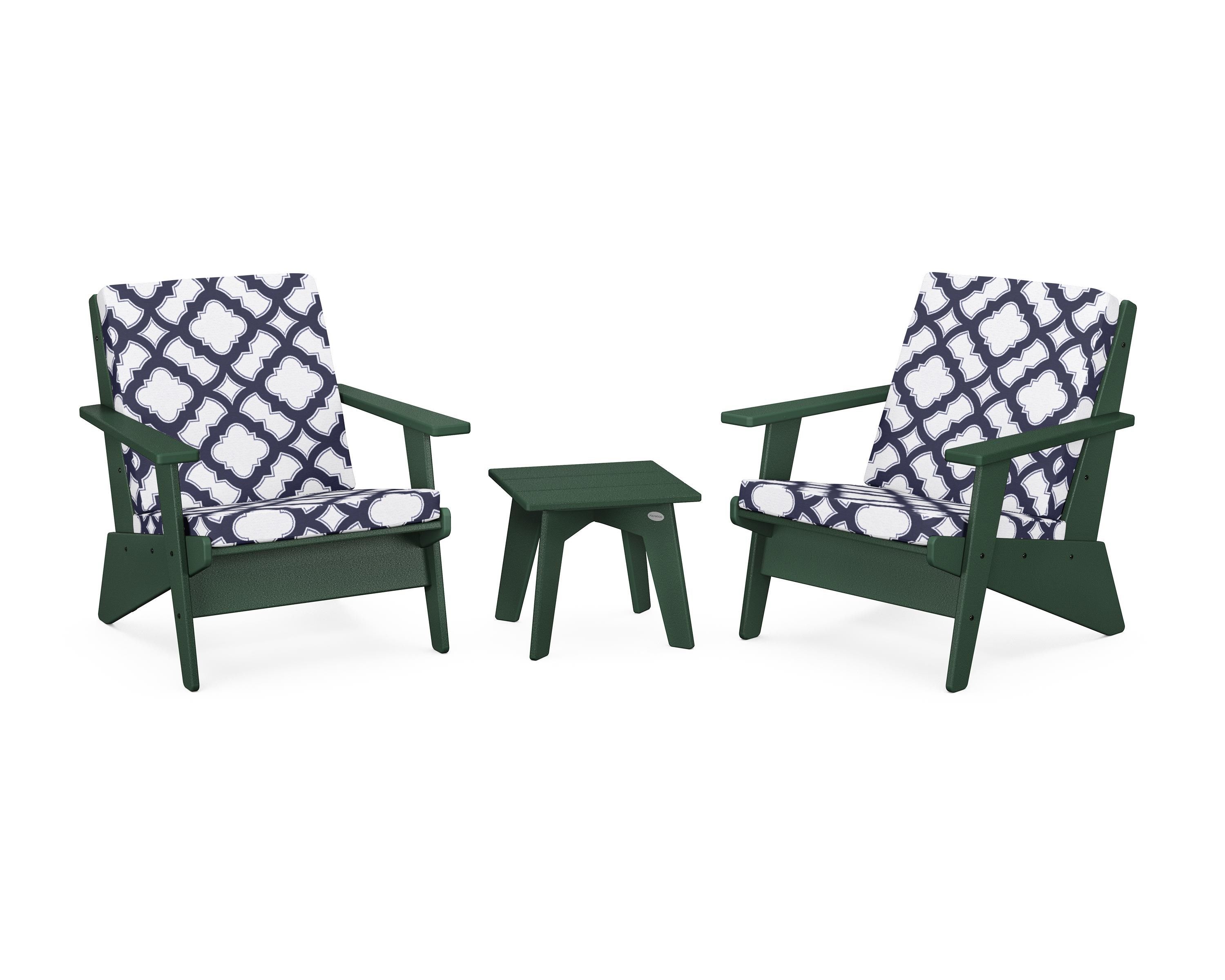POLYWOOD® Riviera Modern Lounge 3-Piece Set in Green / Trellis Navy