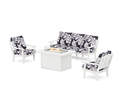 POLYWOOD® Mission Deep Seating Fire Pit Table Set in White / Leaf Navy