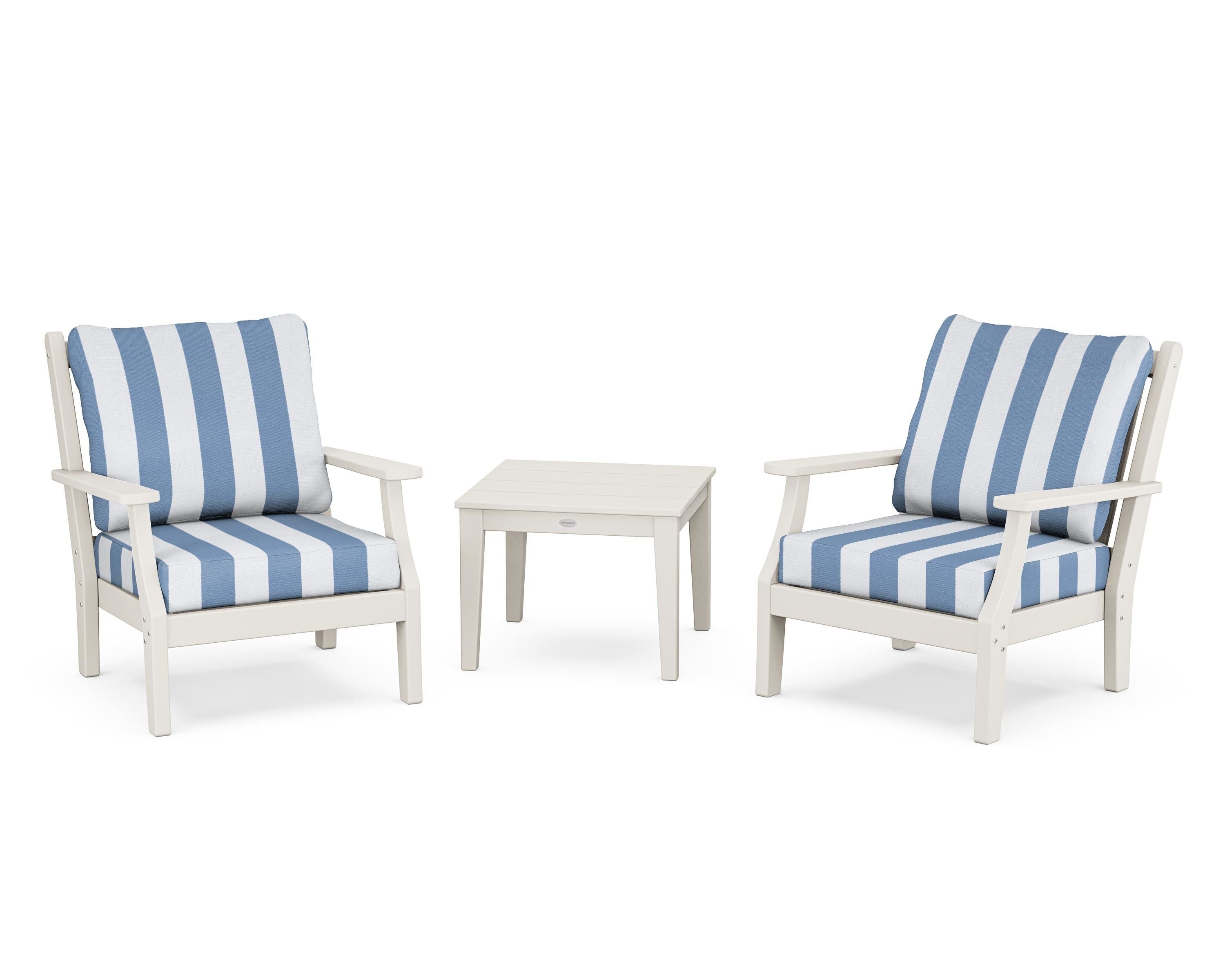 Country Living Wovendale 3-Piece Deep Seating Set in Sand / Cabana Stripe Sky Blue