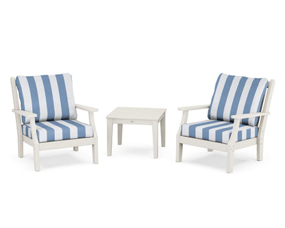 Country Living Wovendale 3-Piece Deep Seating Set in Sand / Cabana Stripe Sky Blue