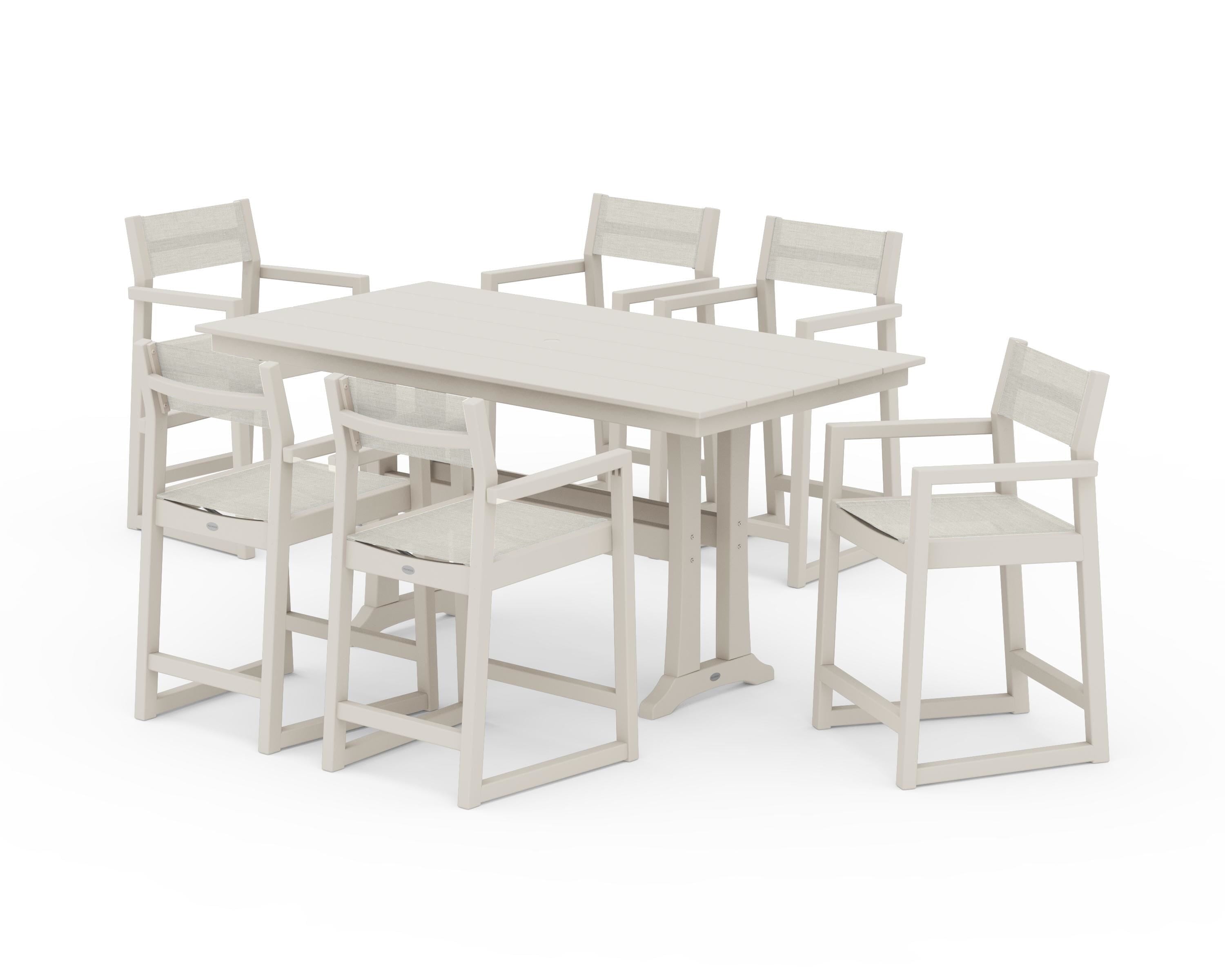 POLYWOOD® EDGE Sling Arm Chair 7-Piece Farmhouse Counter Set with Trestle Legs in Sand / Parchment Sling