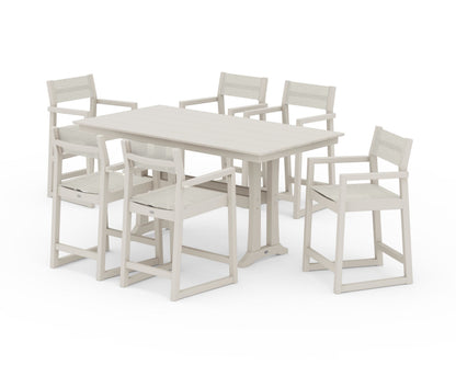 POLYWOOD® EDGE Sling Arm Chair 7-Piece Farmhouse Counter Set with Trestle Legs in Sand / Parchment Sling