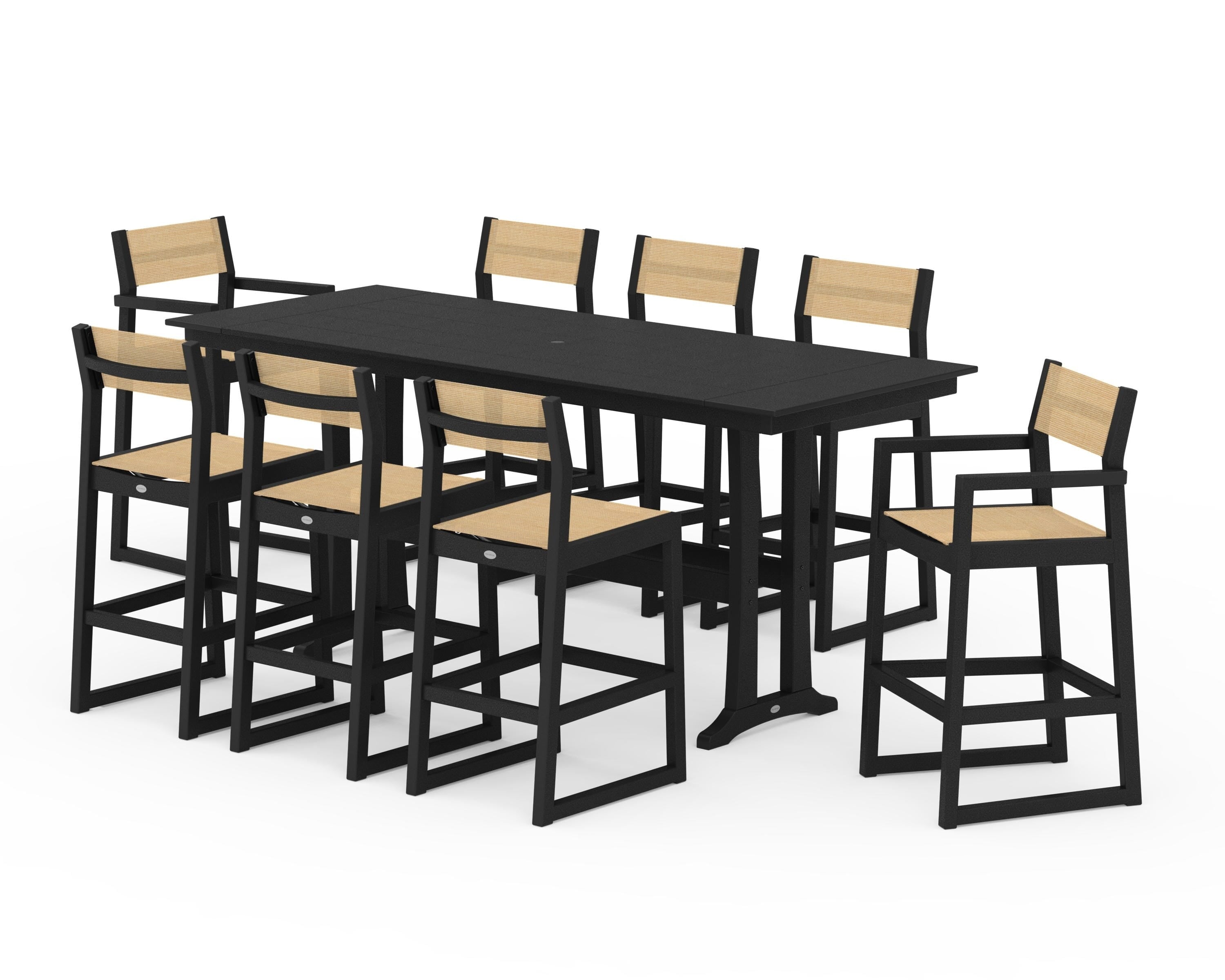 POLYWOOD® EDGE Sling 9-Piece Farmhouse Bar Set with Trestle Legs in Black / Dupioni Apricot Sling
