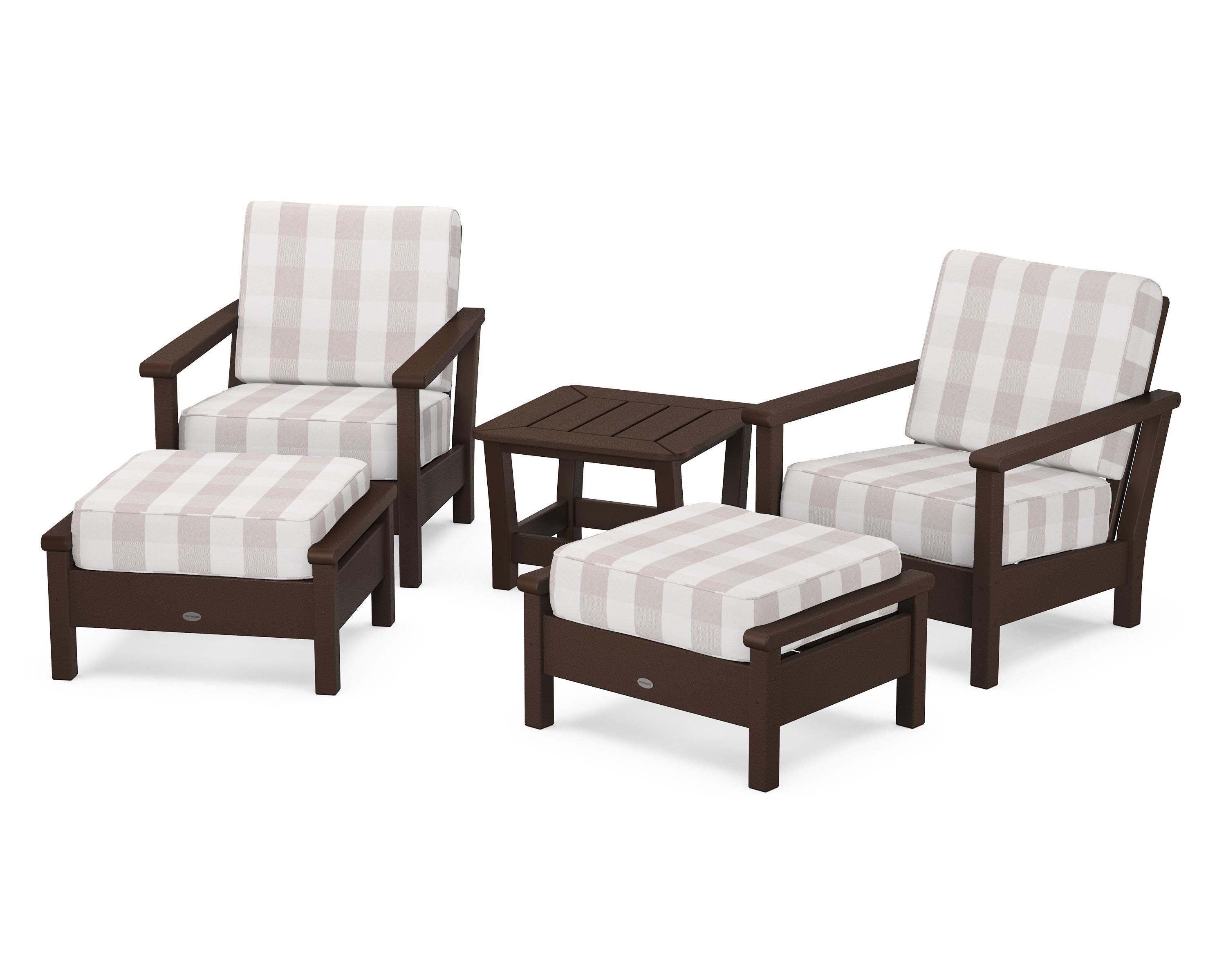 POLYWOOD® Harbour 5-Piece Deep Seating Chair Set in Mahogany / Buffalo Plaid Dune Burlap