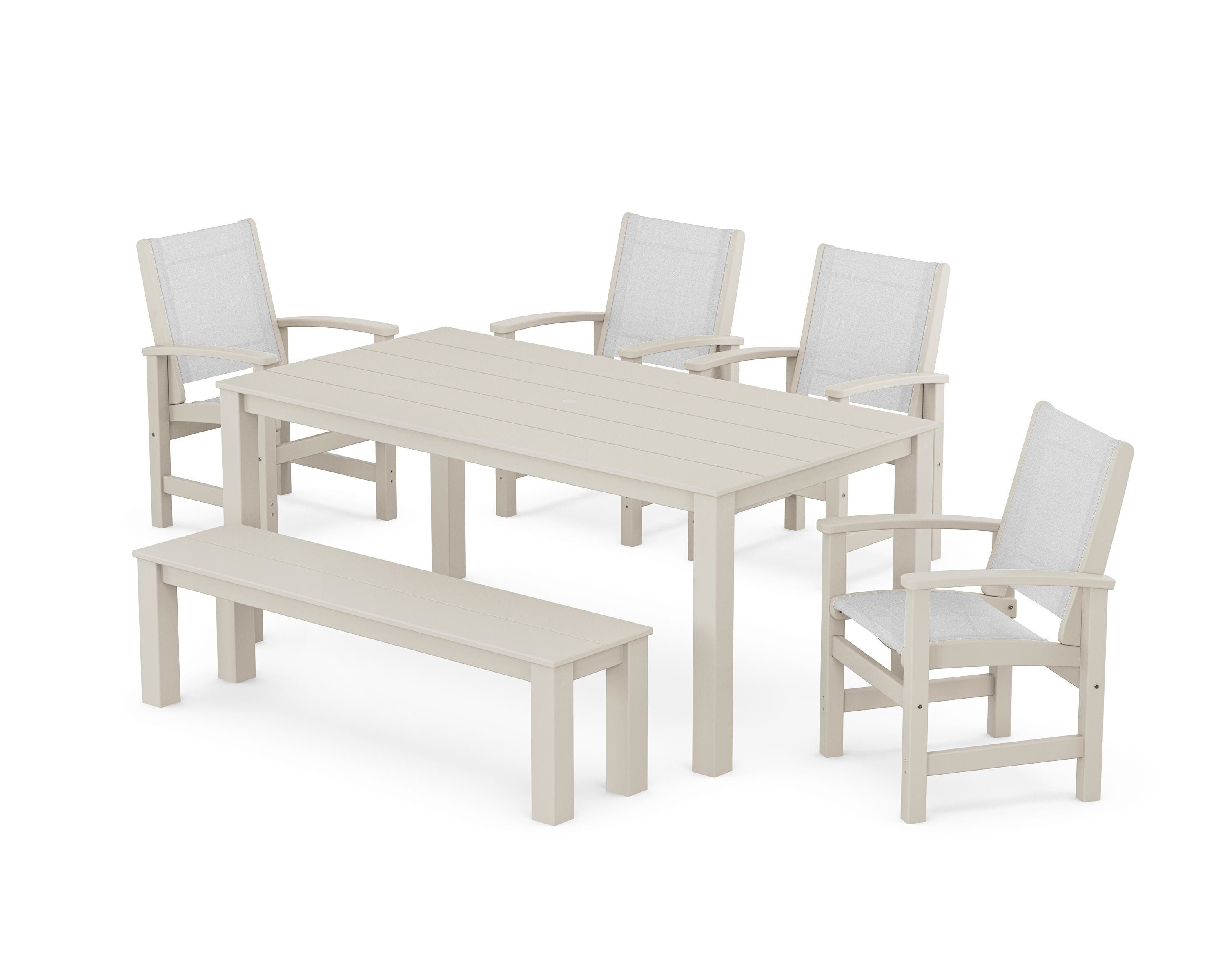 POLYWOOD® Coastal 6-Piece Parsons Dining Set with Bench in Sand / White Sling