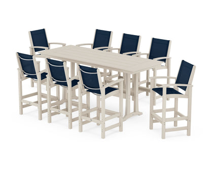POLYWOOD® Coastal 9-Piece Farmhouse Bar Set with Trestle Legs in Sand / Navy Blue Sling