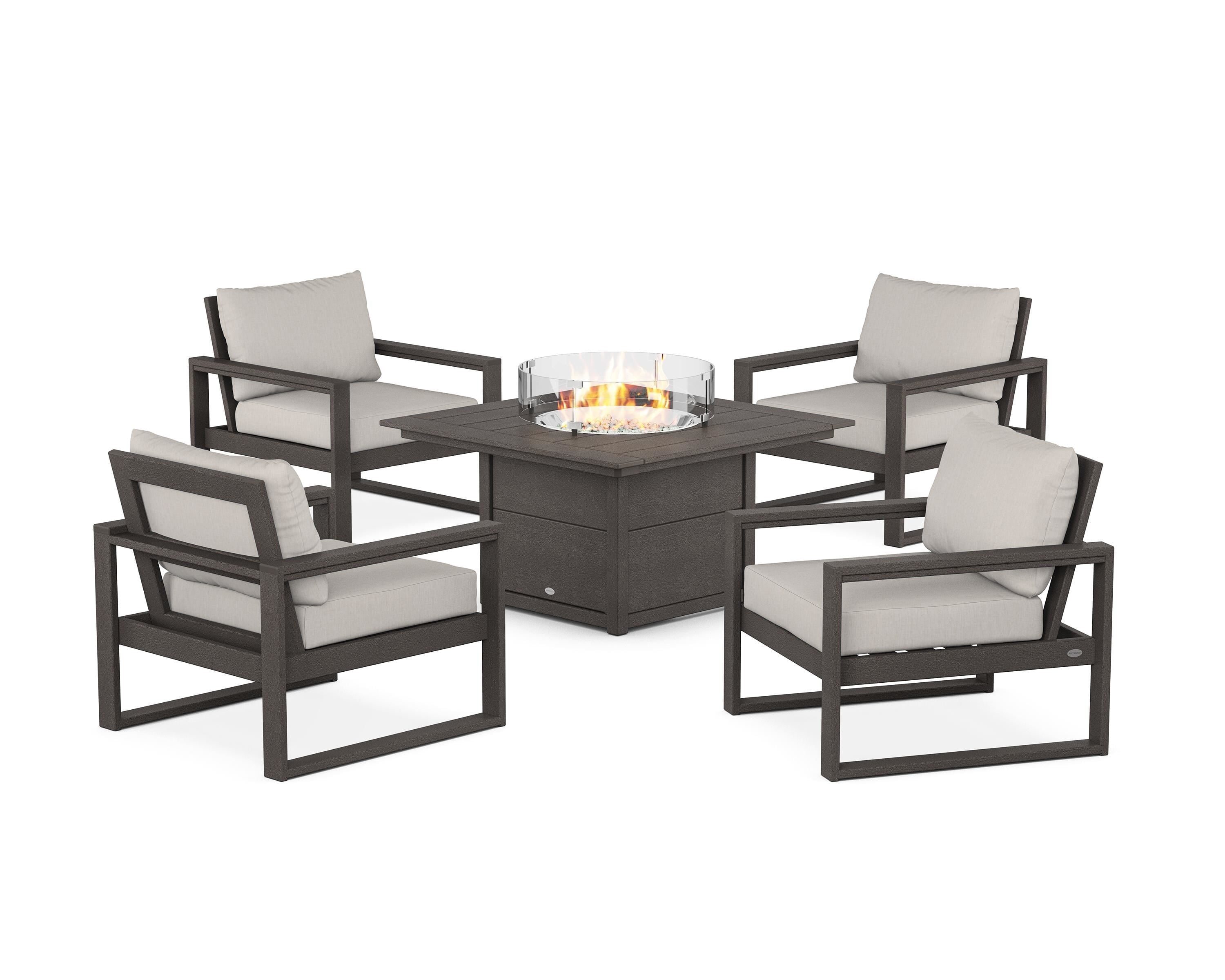 POLYWOOD® EDGE Sectional 5-Piece Deep Seating Set with Fire Pit Table in Vintage Coffee / Cast Ash