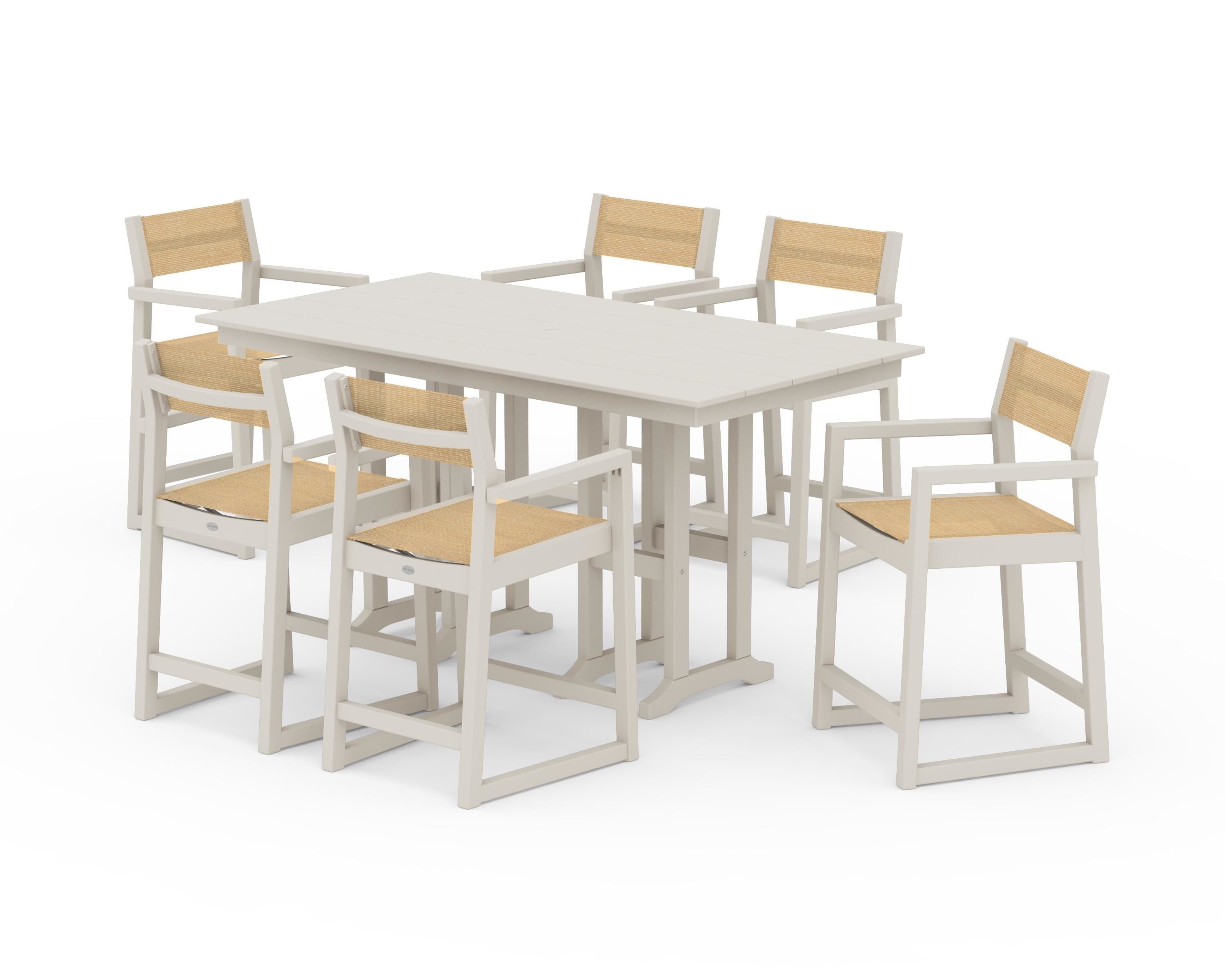 POLYWOOD® EDGE Sling Arm Chair 7-Piece Farmhouse Counter Set in Sand / Dupioni Apricot Sling