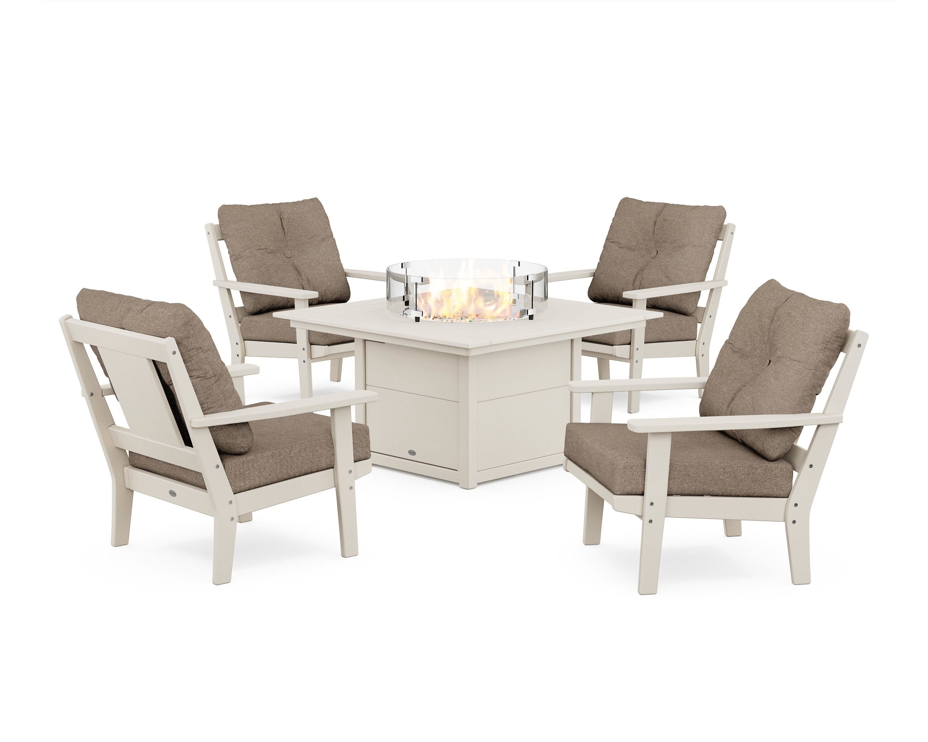 POLYWOOD® Prairie 5-Piece Deep Seating Set with Fire Pit Table in Sand / Spiced Burlap