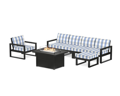 POLYWOOD® EDGE Sectional Lounge and Fire Pit Set in Black / Buffalo Plaid Sky Blue