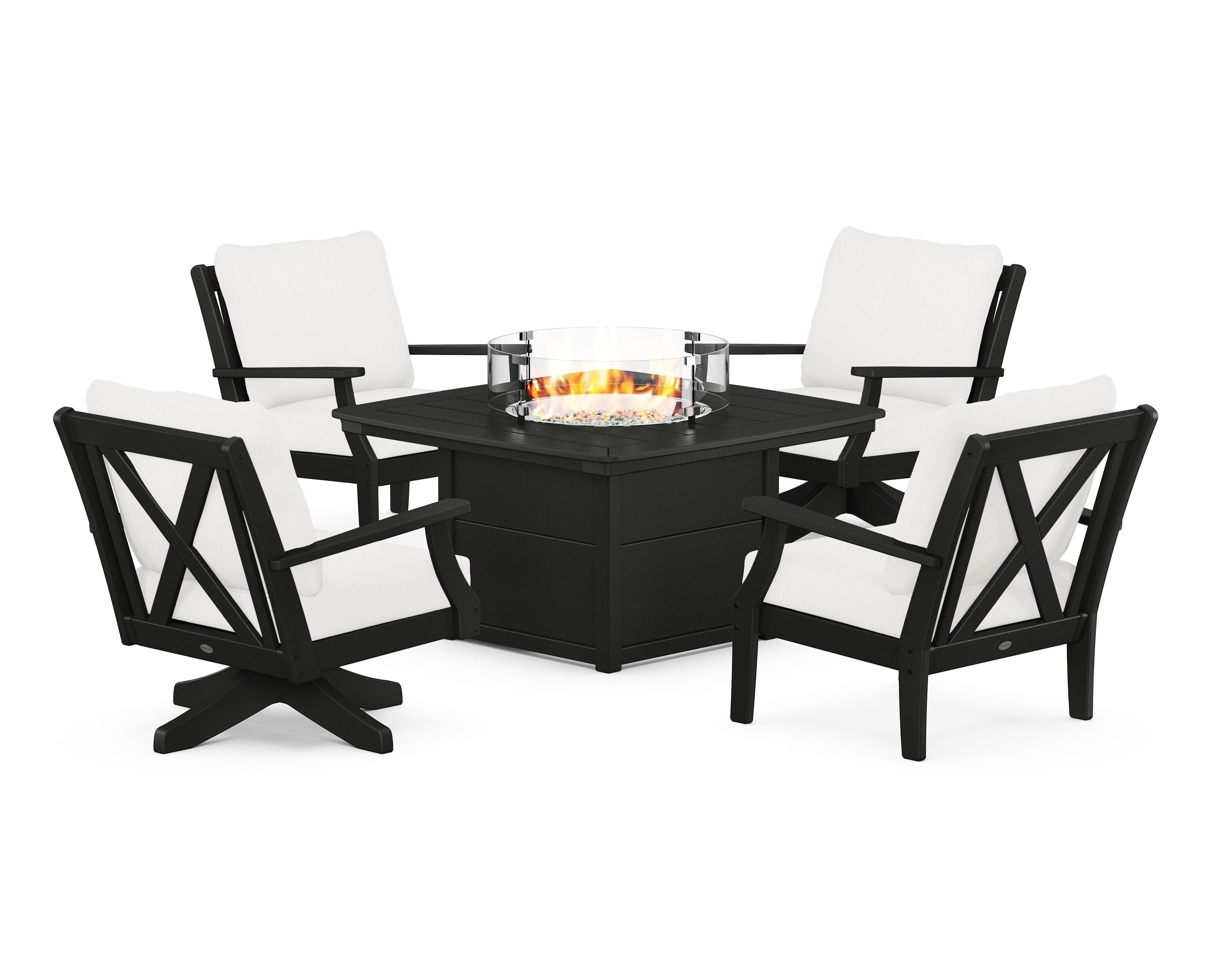 POLYWOOD® Braxton 5-Piece Deep Seating Set with Fire Table in Black / Natural Linen