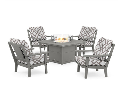 POLYWOOD® Prairie 5-Piece Deep Seating Set with Fire Pit Table in Slate Grey / Trellis Grey Mist