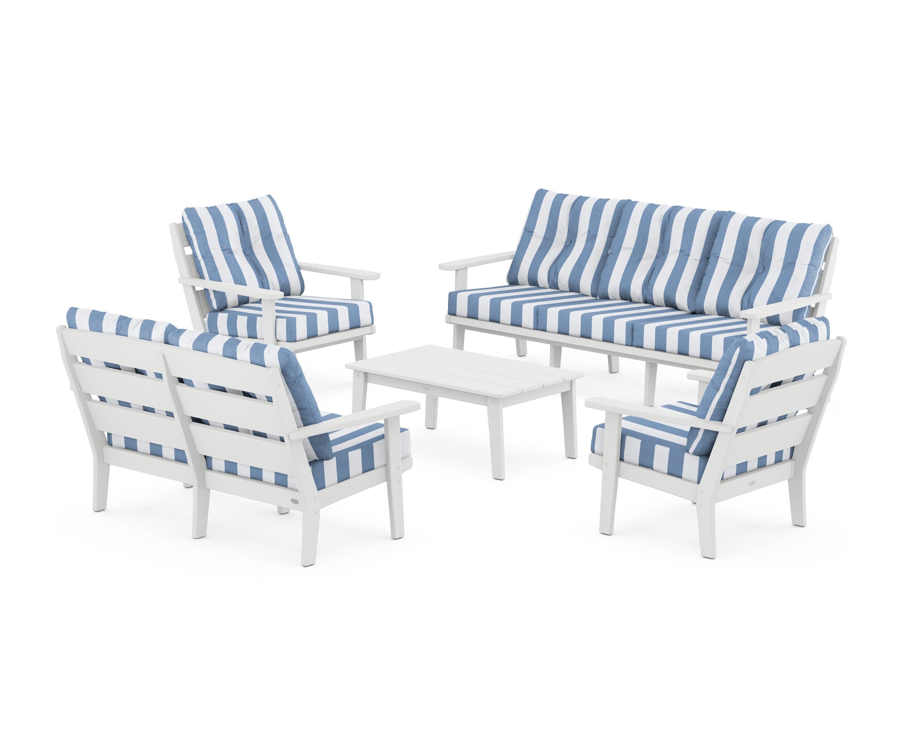POLYWOOD® Lakeside 5-Piece Lounge Sofa Set in White / Cabana Stripe Sky Blue