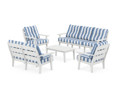 POLYWOOD® Lakeside 5-Piece Lounge Sofa Set in White / Cabana Stripe Sky Blue