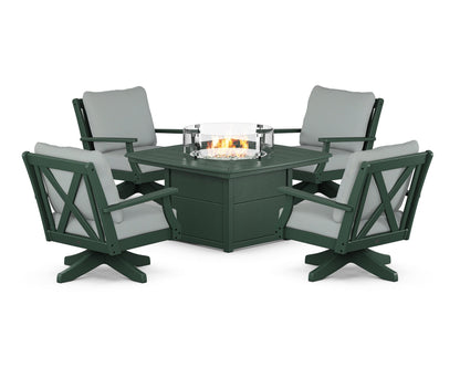 POLYWOOD® Braxton 5-Piece Deep Seating Swivel Conversation Set with Fire Pit Table in Green / Spa