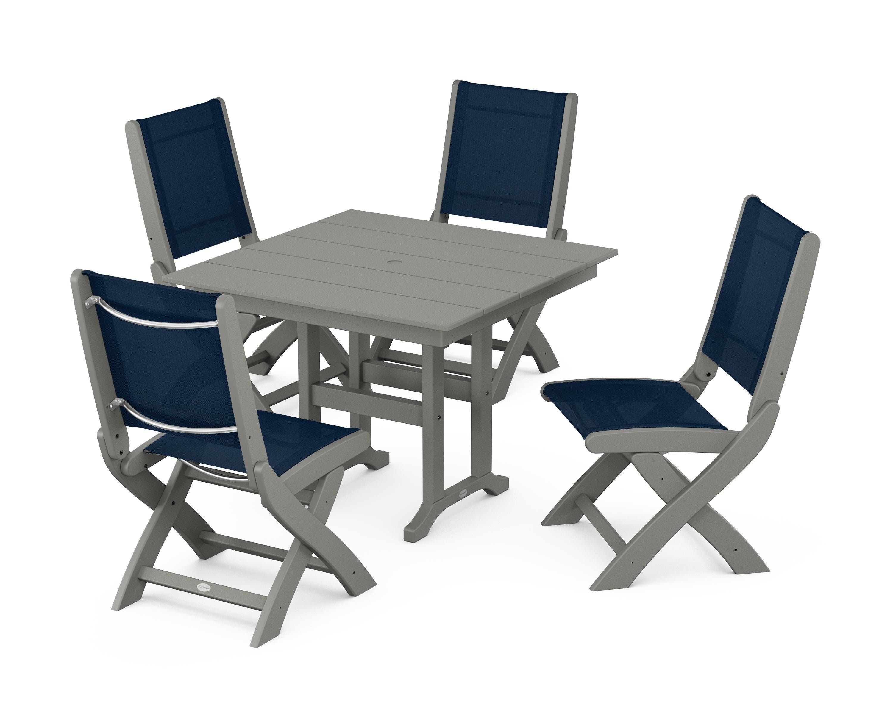 POLYWOOD® Coastal Folding Side Chair 5-Piece Farmhouse Dining Set in Slate Grey / Navy Blue Sling