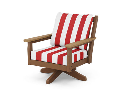POLYWOOD® Chippendale Deep Seating Swivel Chair in Teak / Natural / Cabana Stripe Crimson