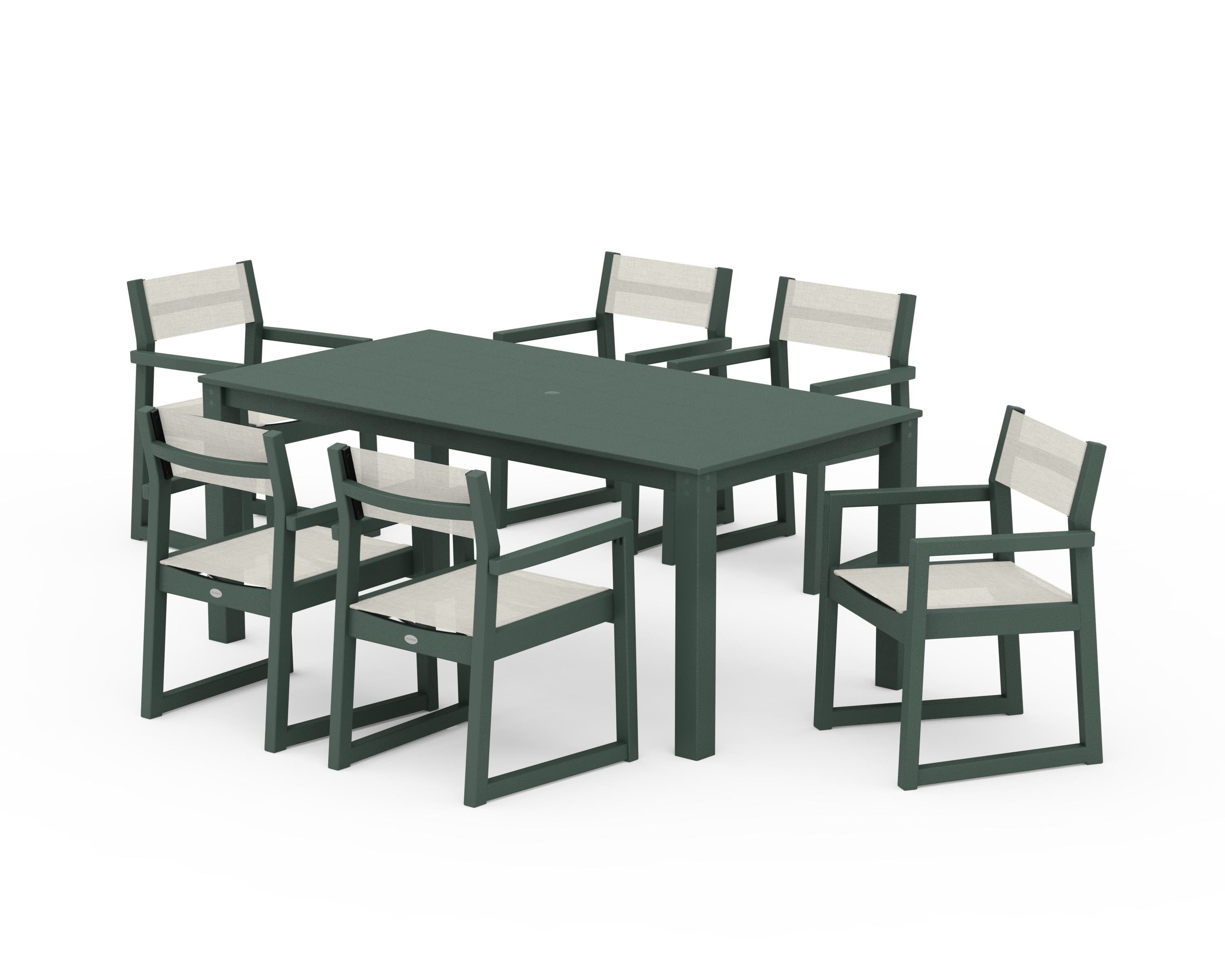 POLYWOOD® EDGE Sling Arm Chair 7-Piece Parsons Dining Set in Green / Parchment Sling