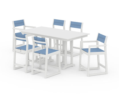 POLYWOOD® EDGE Sling 7-Piece Farmhouse Counter Set with Trestle Legs in White / Poolside Sling