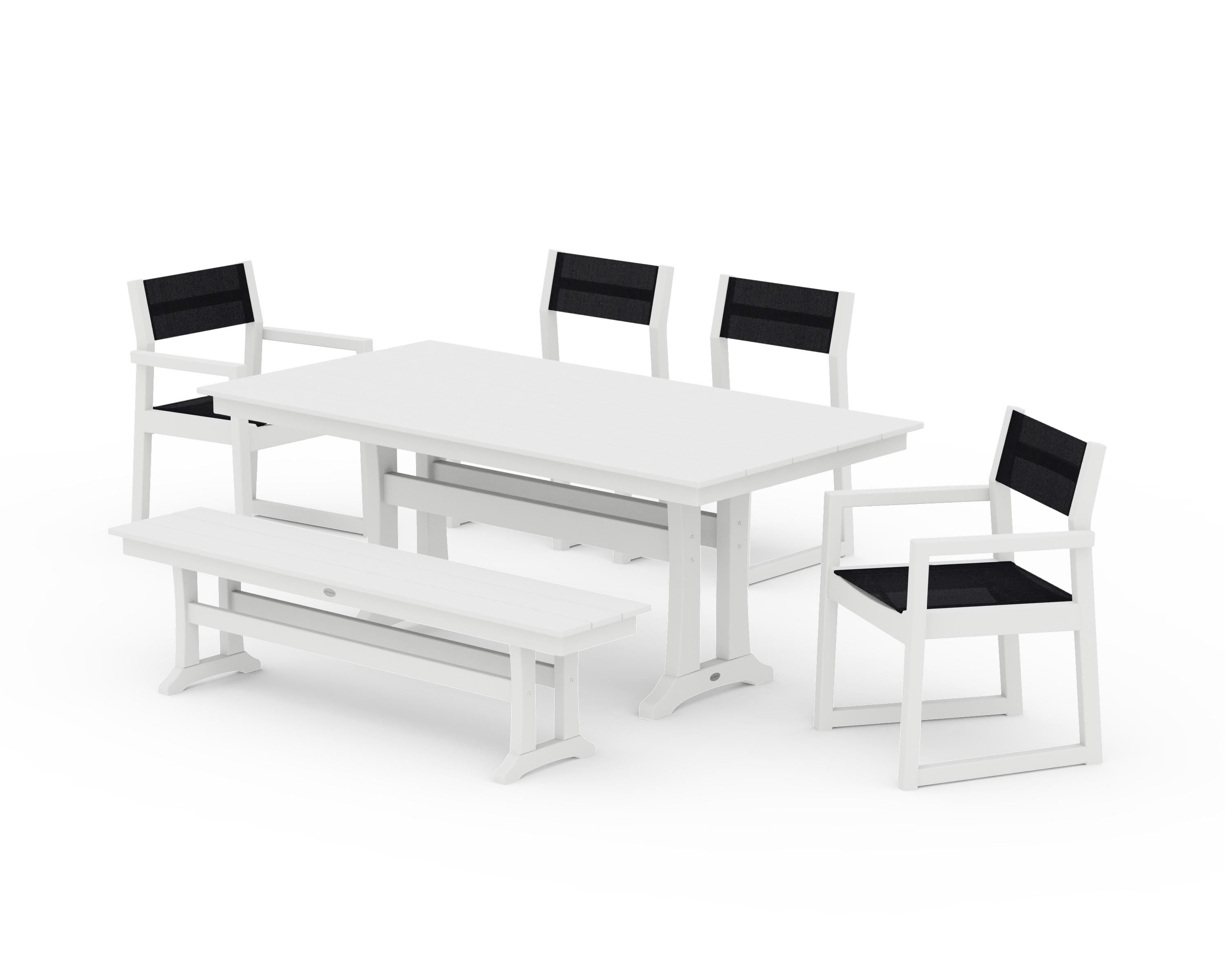 POLYWOOD® EDGE Sling 6-Piece Farmhouse Dining Set With Trestle Legs in White / Black Sling