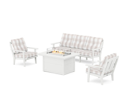 POLYWOOD® Mission Deep Seating Fire Pit Table Set in White / Buffalo Plaid Dune Burlap