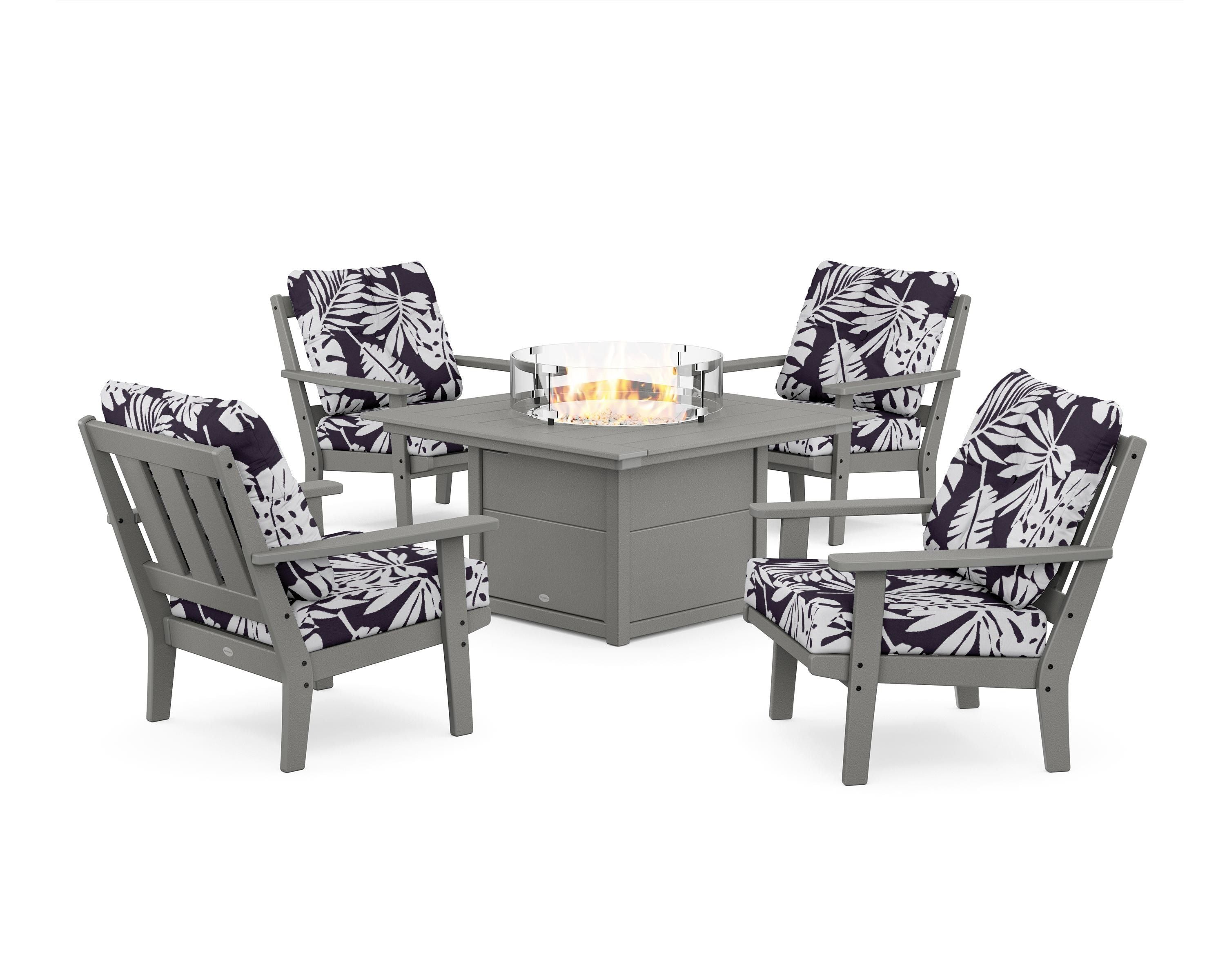 POLYWOOD® Oxford 5-Piece Deep Seating Set with Fire Pit Table in Slate Grey / Leaf Navy