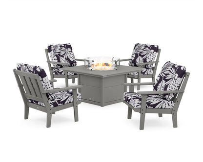 POLYWOOD® Oxford 5-Piece Deep Seating Set with Fire Pit Table in Slate Grey / Leaf Navy