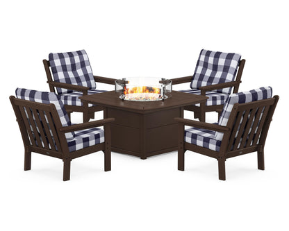 POLYWOOD® Vineyard 5-Piece Conversation Set with Fire Pit Table in Mahogany / Buffalo Plaid Navy