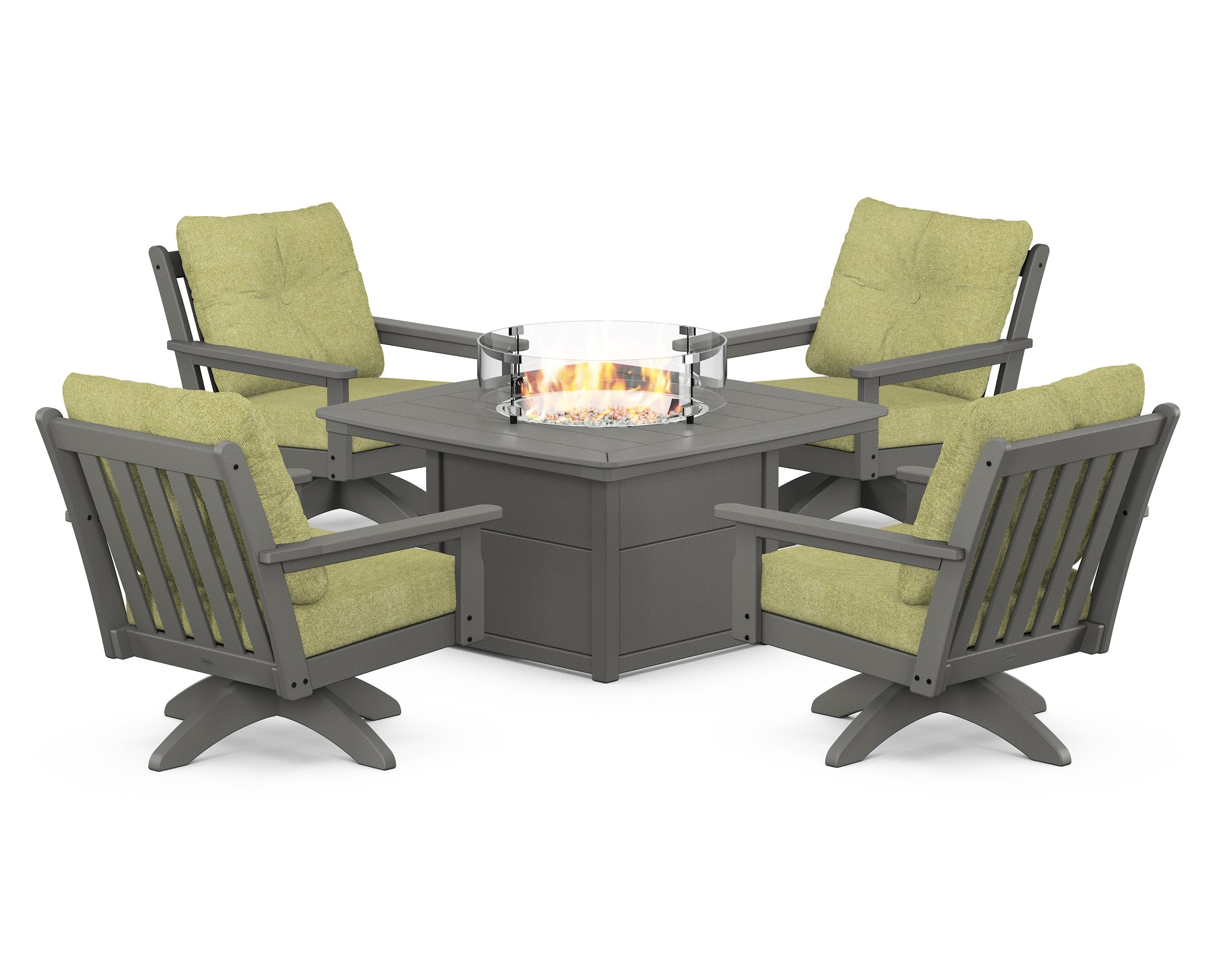 POLYWOOD® Vineyard 5-Piece Deep Seating Swivel Conversation Set with Fire Pit Table in Slate Grey / Chartreuse Boucle