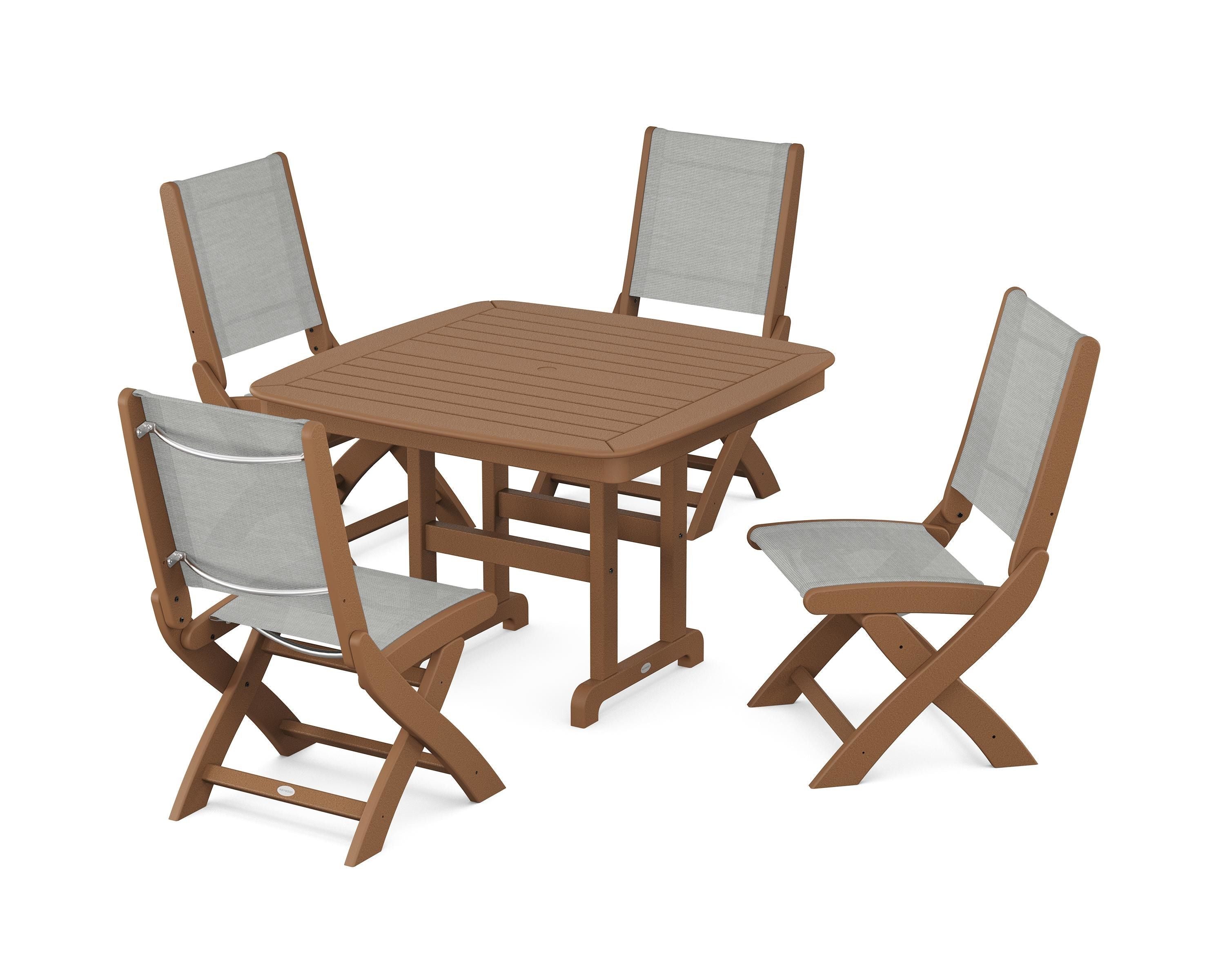 POLYWOOD® Coastal Folding Side Chair 5-Piece Dining Set in Teak / Metallic Sling