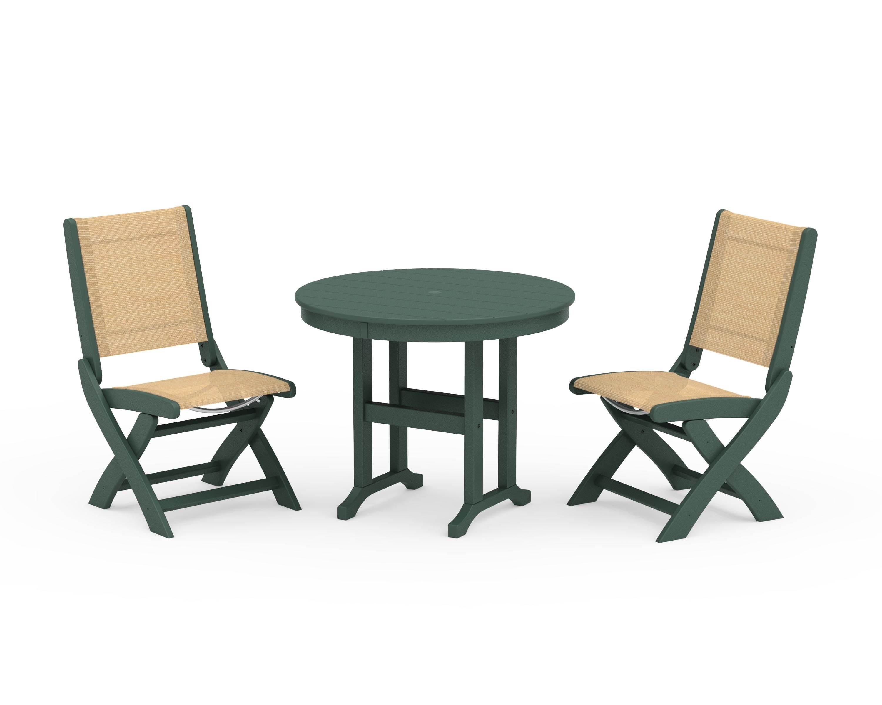 POLYWOOD® Coastal Folding Side Chair 3-Piece Round Dining Set in Green / Dupioni Apricot Sling