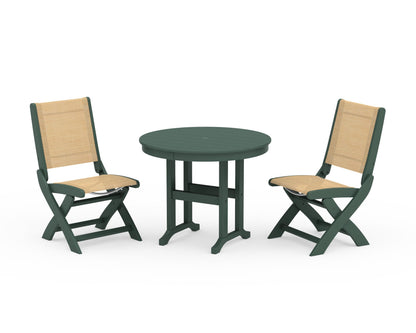 POLYWOOD® Coastal Folding Side Chair 3-Piece Round Dining Set in Green / Dupioni Apricot Sling