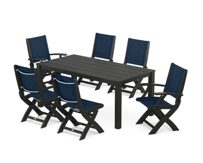 POLYWOOD® Coastal Folding Chair 7-Piece Parsons Dining Set in Black / Navy Blue Sling