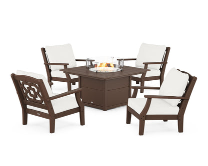 Martha Stewart by POLYWOOD® Chinoiserie 5-Piece Deep Seating Set with Fire Pit Table in Mahogany / Natural Linen