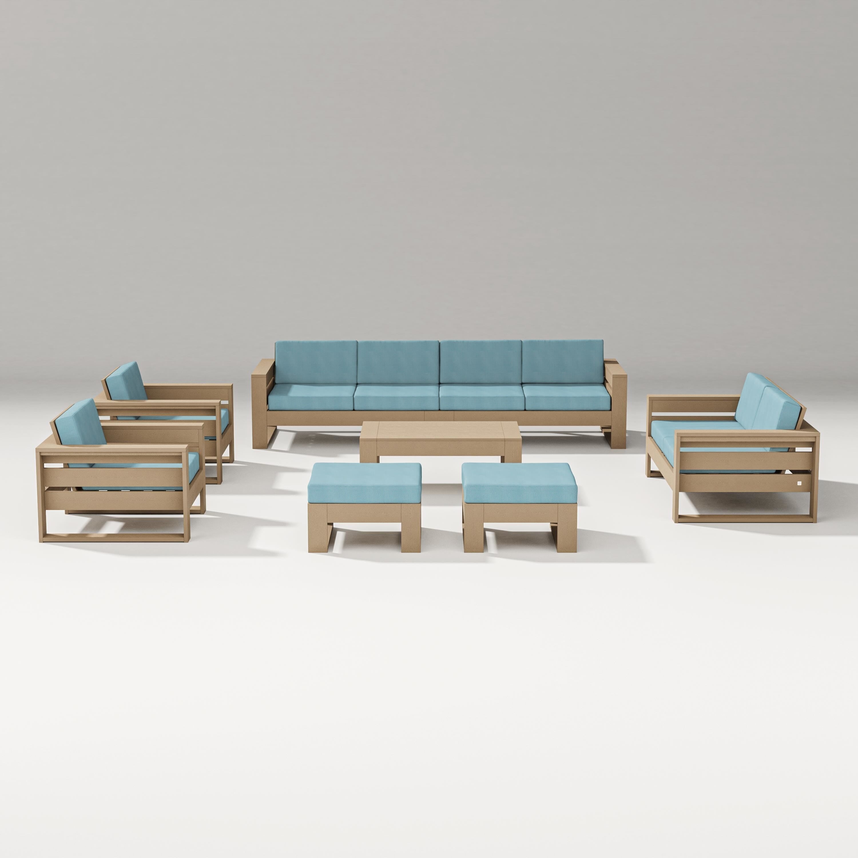 PW Designer Series Latitude 8-Piece Lounge Sofa Set in Vintage Sahara / Lattice Sky Blue