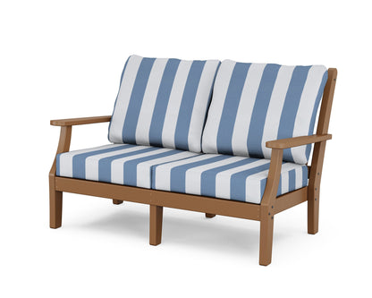 Country Living Wovendale Deep Seating Loveseat in Teak / Cabana Stripe Sky Blue