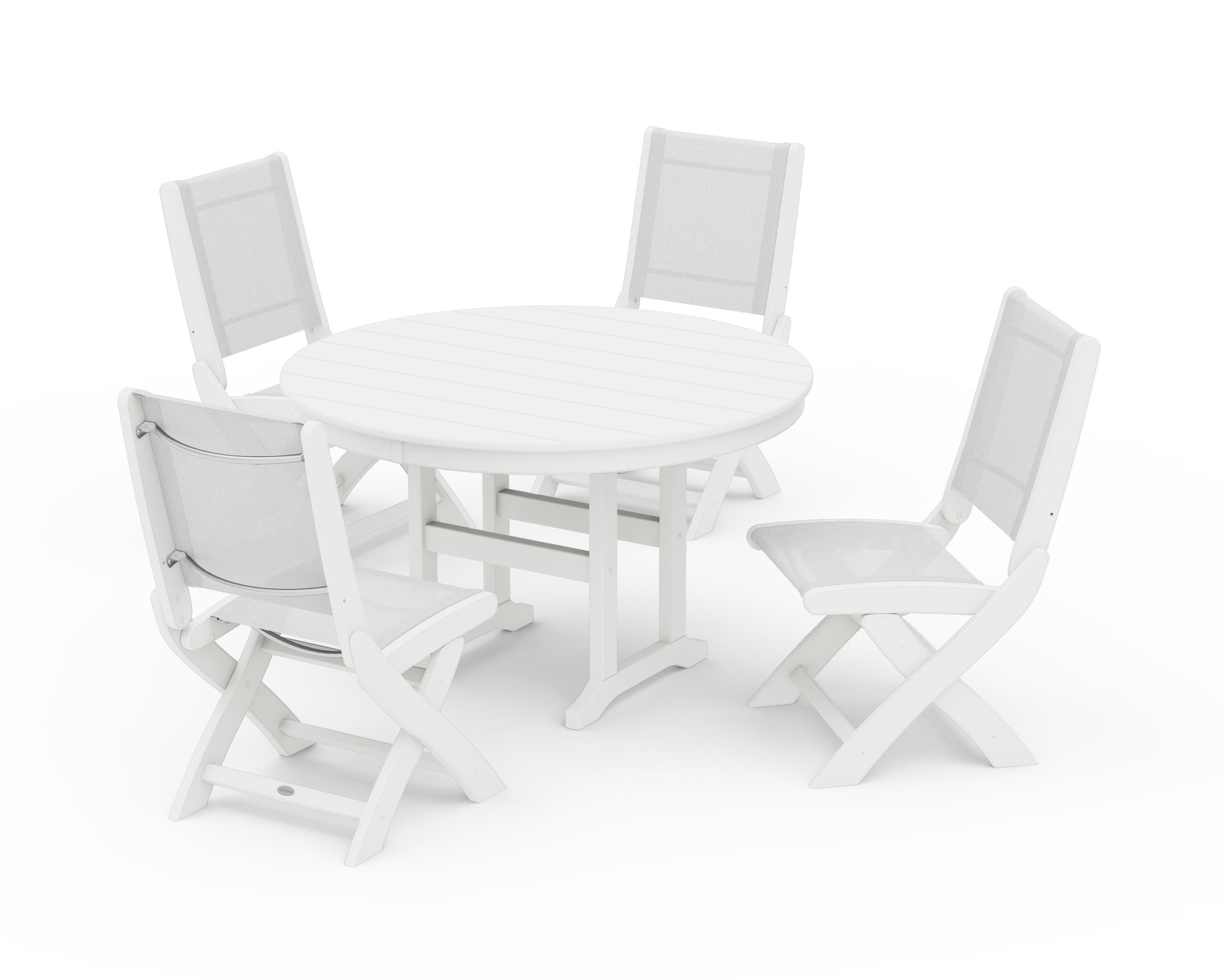 POLYWOOD® Coastal Folding Side Chair 5-Piece Round Dining Set in White / White Sling