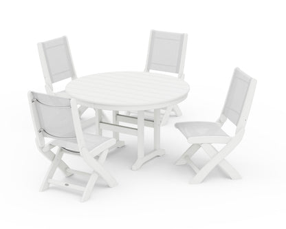 POLYWOOD® Coastal Folding Side Chair 5-Piece Round Dining Set in White / White Sling