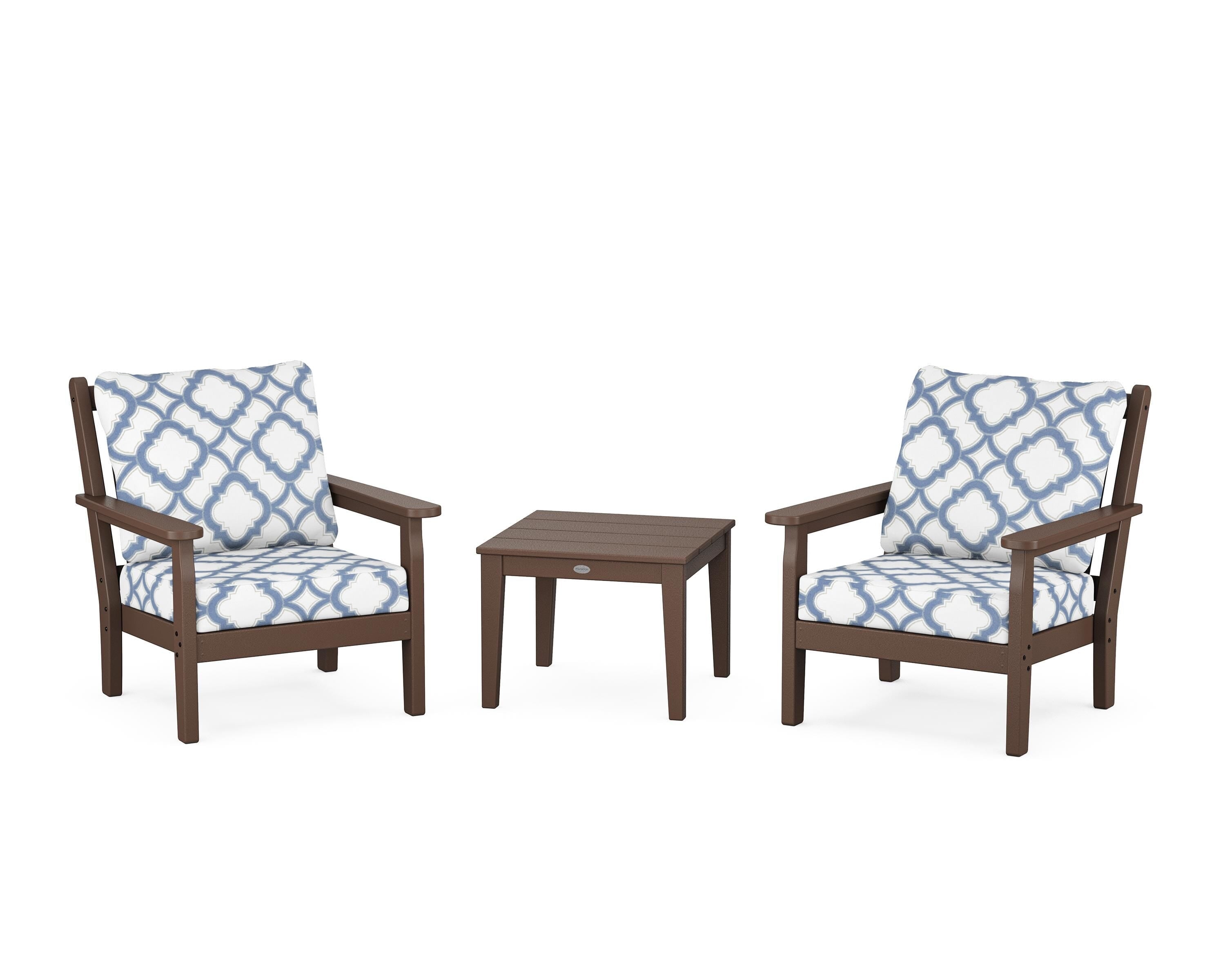 POLYWOOD® Chippendale 3-Piece Deep Seating Set in Mahogany / Trellis Sky Blue