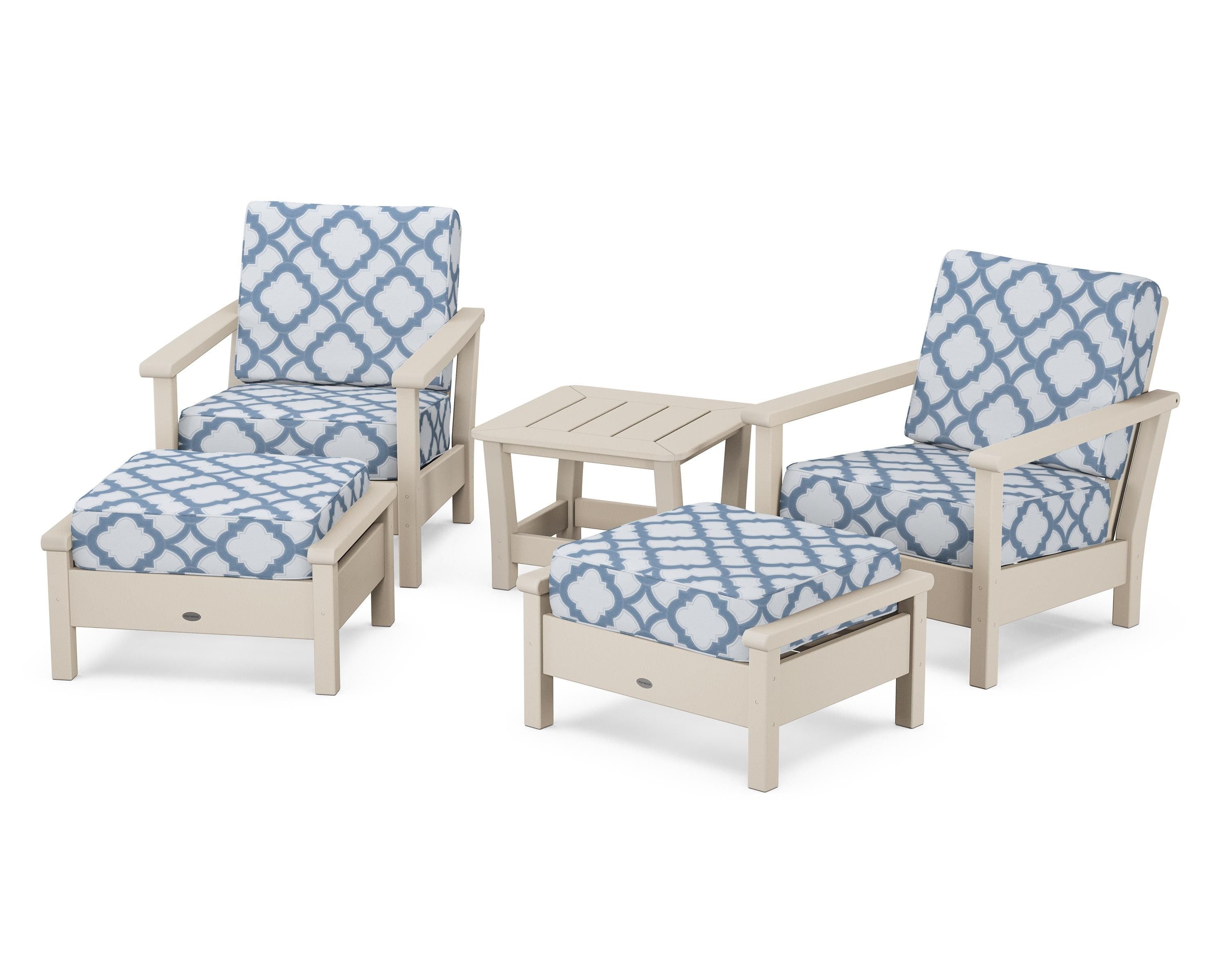 POLYWOOD® Harbour 5-Piece Deep Seating Chair Set in Sand / Trellis Sky Blue