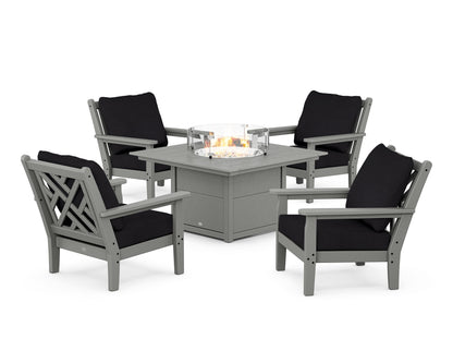 POLYWOOD® Chippendale 5-Piece Deep Seating Set with Fire Pit Table in Slate Grey / Midnight Linen